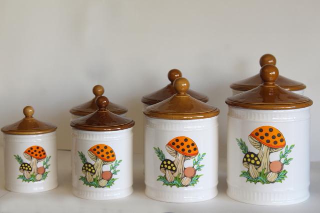 photo of 70s vintage Sears Merry Mushroom ceramic canisters, retro kitchen counter storage jars #1