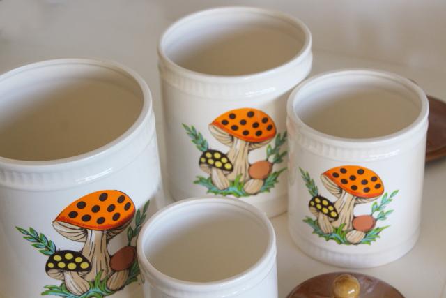 photo of 70s vintage Sears Merry Mushroom ceramic canisters, retro kitchen counter storage jars #2