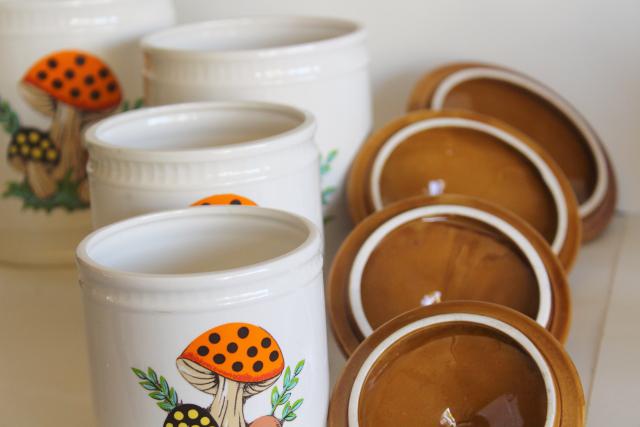 photo of 70s vintage Sears Merry Mushroom ceramic canisters, retro kitchen counter storage jars #3