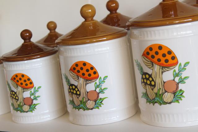 photo of 70s vintage Sears Merry Mushroom ceramic canisters, retro kitchen counter storage jars #4