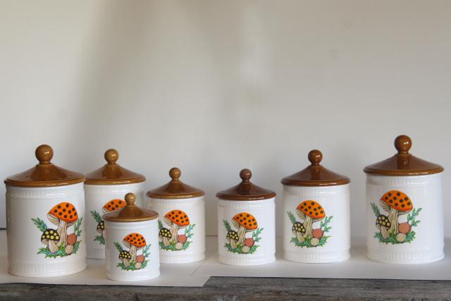 photo of 70s vintage Sears Merry Mushroom ceramic canisters, retro kitchen counter storage jars #6