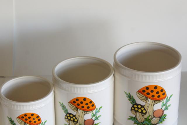 photo of 70s vintage Sears Merry Mushroom ceramic canisters, retro kitchen counter storage jars #8