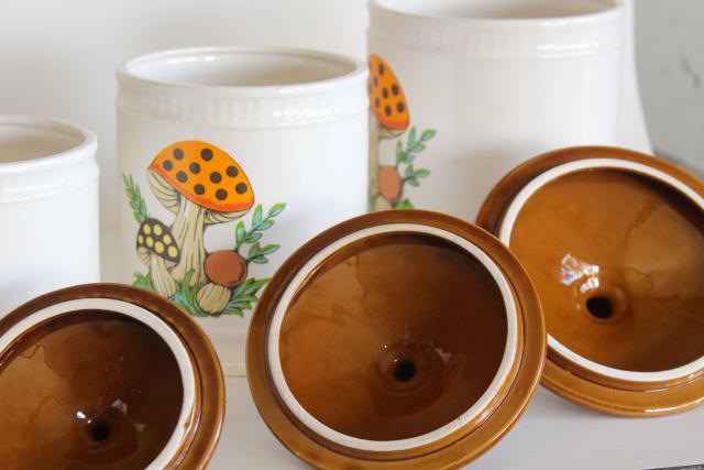 photo of 70s vintage Sears Merry Mushroom ceramic canisters, retro kitchen counter storage jars #11