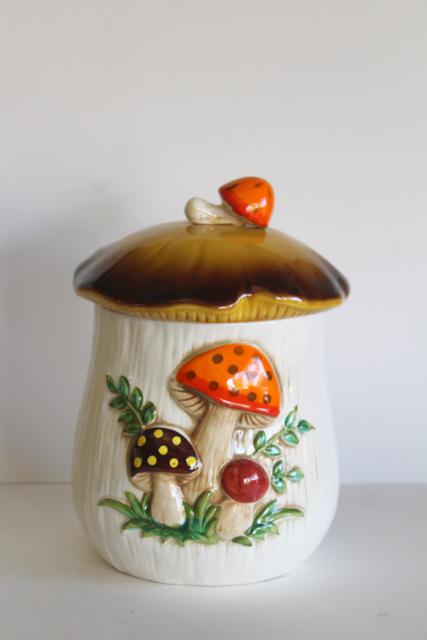 photo of 70s vintage Sears Merry Mushroom cookie jar, large ceramic canister retro kitchenware #1