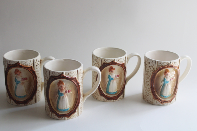 photo of 70s vintage Sears ceramic mugs pioneer lady Little House on the Prairie style  #1