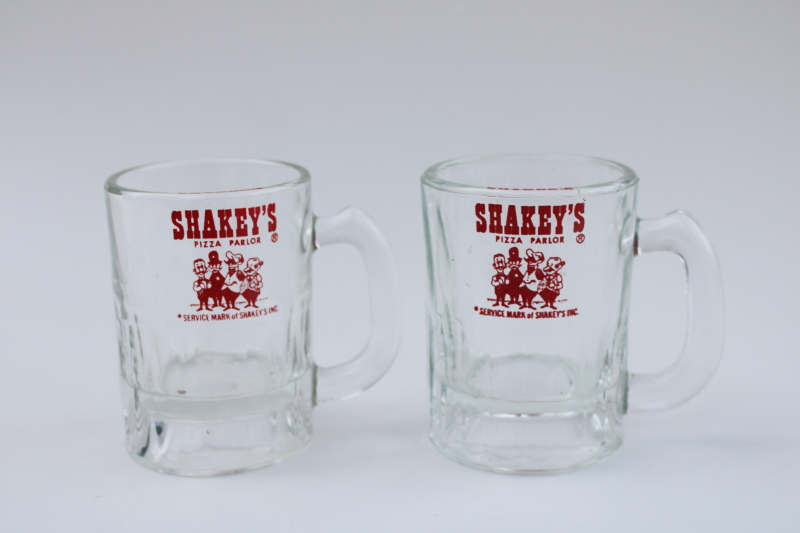 photo of 70s vintage Shakeys Pizza advertising glass root beer mugs, tiny little baby beers #1