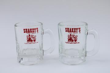 70s vintage Shakeys Pizza advertising glass root beer mugs, tiny little baby beers