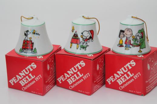 photo of 70s vintage Snoopy / Peanuts Christmas ornament bells in original boxes dated 1977 #1