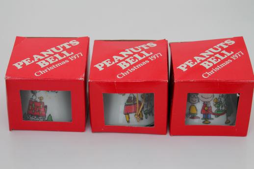 photo of 70s vintage Snoopy / Peanuts Christmas ornament bells in original boxes dated 1977 #8