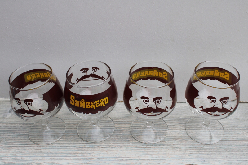 photo of 70s vintage Sombrero Kahlua cocktail glasses, retro barware, snifter glasses funny faces #1