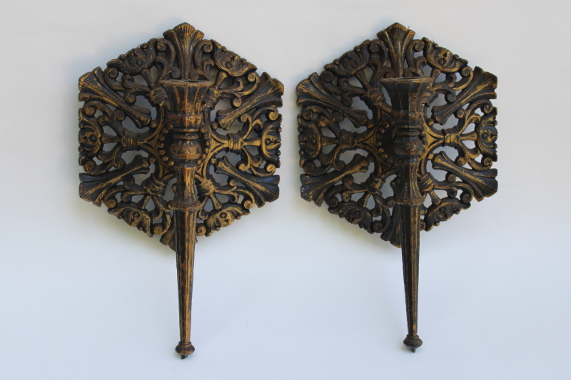 photo of 70s vintage Syroco plastic wall sconces candle holders, black & gold gothic style  #1