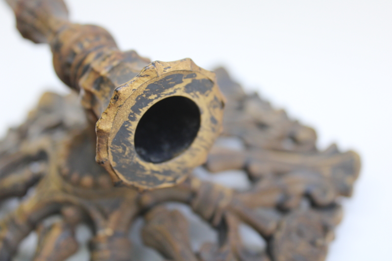 photo of 70s vintage Syroco plastic wall sconces candle holders, black & gold gothic style #3