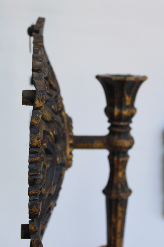 photo of 70s vintage Syroco plastic wall sconces candle holders, black & gold gothic style #4
