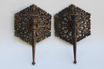 70s vintage Syroco plastic wall sconces candle holders, black & gold gothic style 