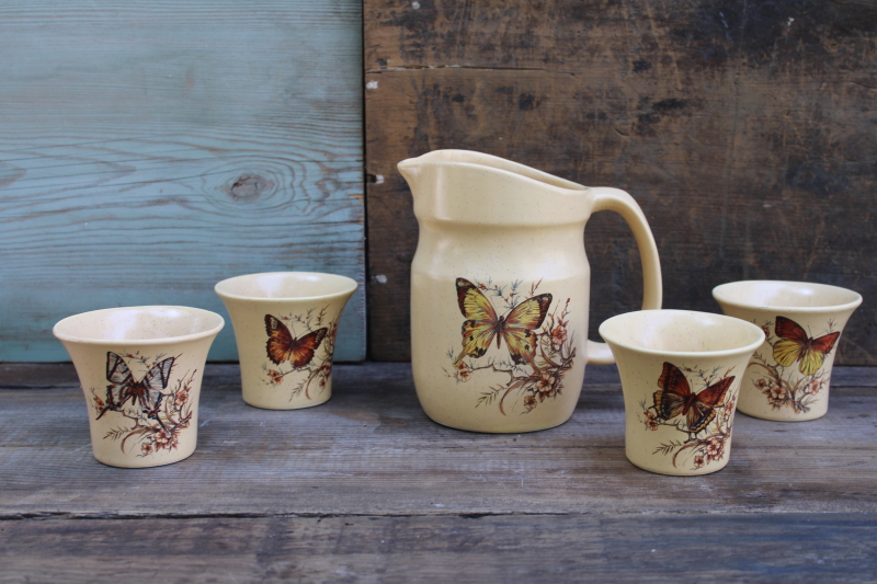 photo of 70s vintage Treasure Craft California butterfly ceramic pitcher & tumblers, butterflies print  #1