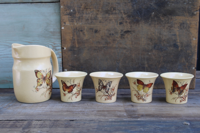 photo of 70s vintage Treasure Craft California butterfly ceramic pitcher & tumblers, butterflies print  #4