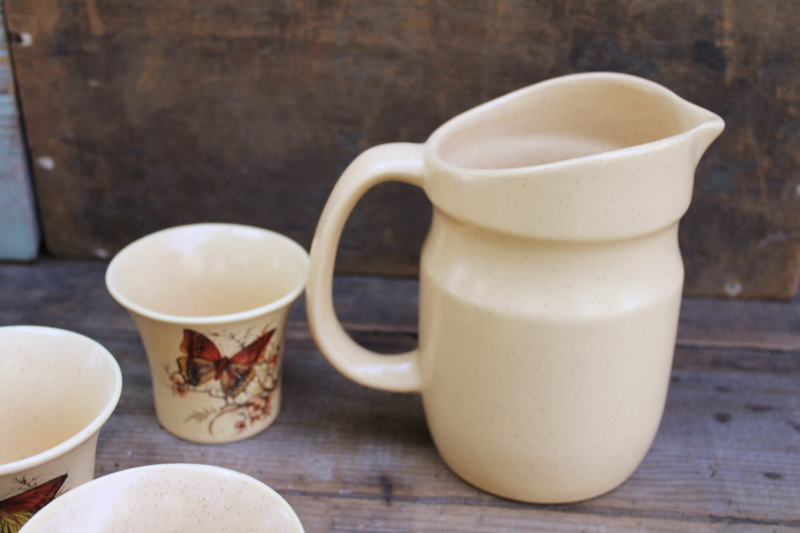 photo of 70s vintage Treasure Craft California butterfly ceramic pitcher & tumblers, butterflies print  #9