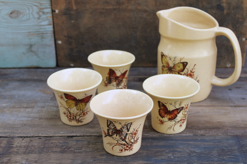 photo of 70s vintage Treasure Craft California butterfly ceramic pitcher & tumblers, butterflies print  #10