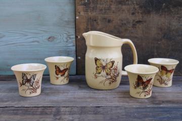 70s vintage Treasure Craft California butterfly ceramic pitcher & tumblers, butterflies print 