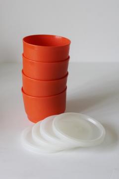 catalog photo of 70s vintage Tupperware 1229 orange snack cups w/ lids, never used set of 4 