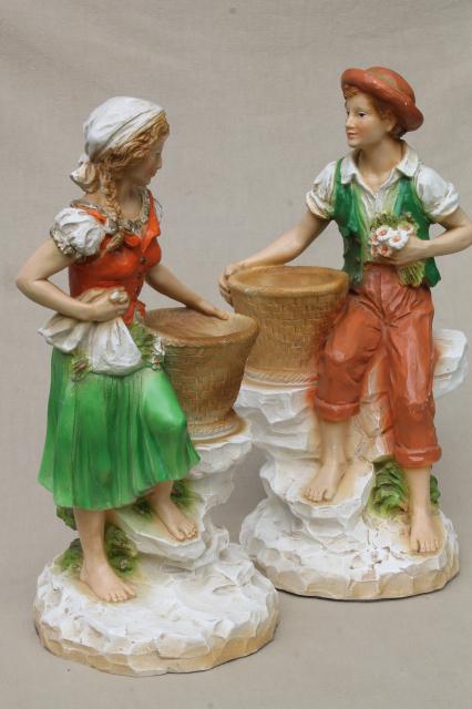 photo of 70s vintage Universal Statuary statue figures, rustic country peasant folk girl & boy #1