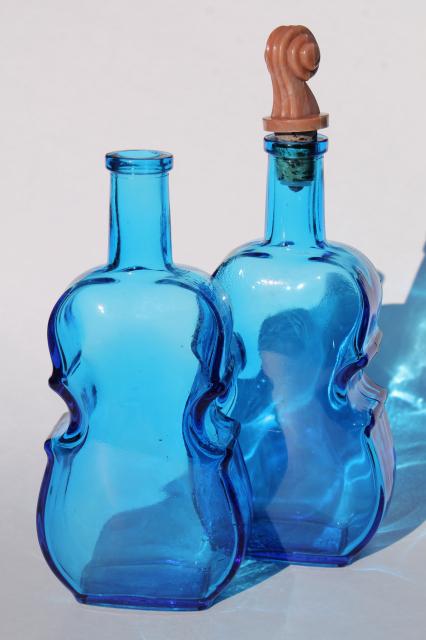 photo of 70s vintage Wheaton glass decanters, blue glass violin bottles antique reproductions #1