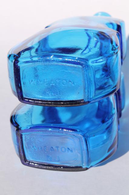 photo of 70s vintage Wheaton glass decanters, blue glass violin bottles antique reproductions #4