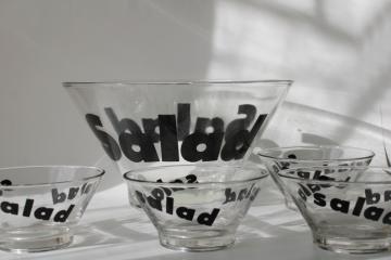 catalog photo of 70s vintage Wheaton glass salad set Salad spell out letters mod bold black font print 