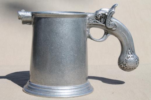 photo of 70s vintage Wilton Armetale pewter tankard, mug or beer stein w/ flintlock pistol #1