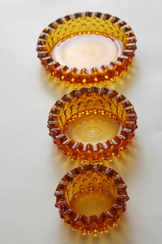 photo of 70s vintage amber glass ashtrays, Fenton hobnail glass nesting ashtray set #1