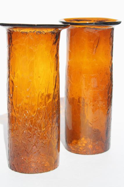 photo of 70s vintage amber glass hurricane shades, rustic crackle glass texture candle shade #4