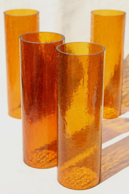 photo of 70s vintage amber glass hurricane shades, rustic crackle glass texture candle shade #1