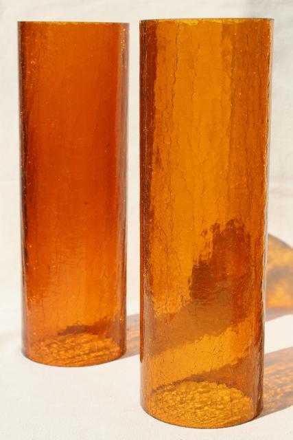 photo of 70s vintage amber glass hurricane shades, rustic crackle glass texture candle shade #3