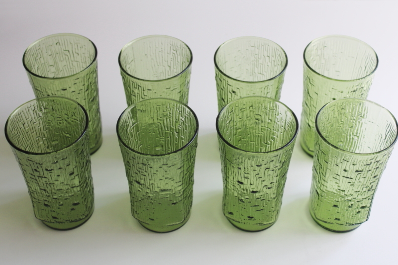 photo of 70s vintage avocado green glass drinking glasses, Anchor Hocking Pagoda tumblers set of 8  #4