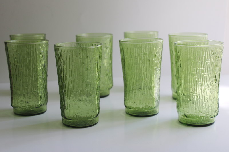 photo of 70s vintage avocado green glass drinking glasses, Anchor Hocking Pagoda tumblers set of 8  #6