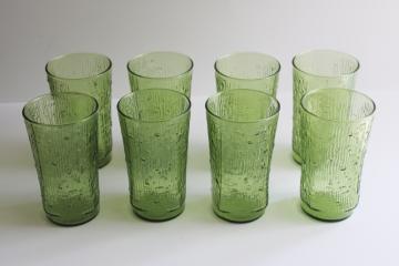 70s vintage avocado green glass drinking glasses, Anchor Hocking Pagoda tumblers set of 8 