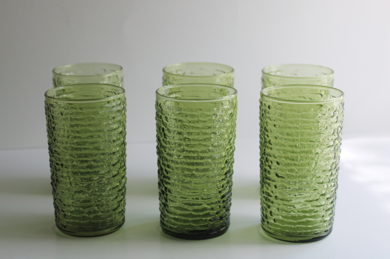 photo of 70s vintage avocado green glass drinking glasses, Anchor Hocking Soreno tumblers set of 6  #1