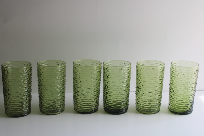 photo of 70s vintage avocado green glass drinking glasses, Anchor Hocking Soreno tumblers set of 6  #2