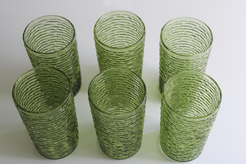 photo of 70s vintage avocado green glass drinking glasses, Anchor Hocking Soreno tumblers set of 6  #5