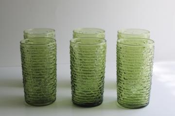 70s vintage avocado green glass drinking glasses, Anchor Hocking Soreno tumblers set of 6 