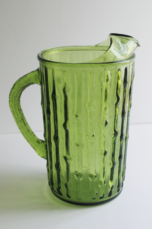 photo of 70s vintage avocado green glass pitcher, Anchor Hocking Tahiti, bamboo textured glass  #1