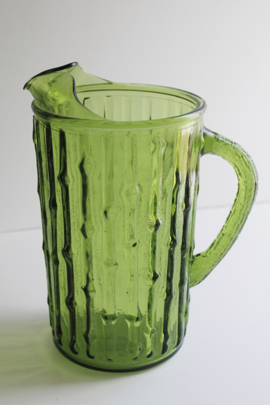 photo of 70s vintage avocado green glass pitcher, Anchor Hocking Tahiti, bamboo textured glass  #2