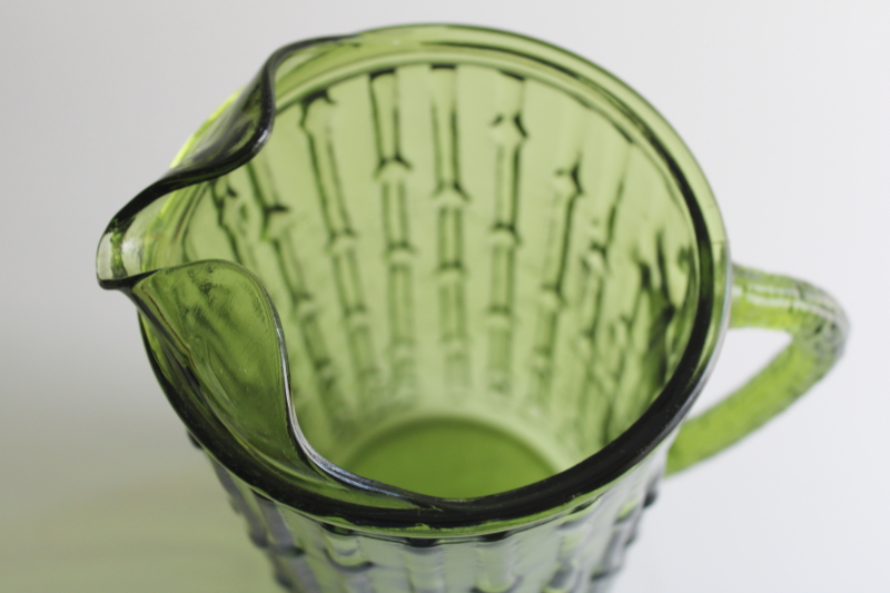 photo of 70s vintage avocado green glass pitcher, Anchor Hocking Tahiti, bamboo textured glass  #5