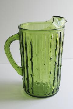 70s vintage avocado green glass pitcher, Anchor Hocking Tahiti, bamboo textured glass 