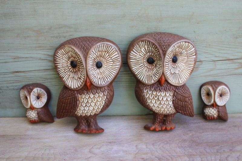 photo of 70s vintage barn owl family wall art, collection of plastic foam plaques easy to hang #1