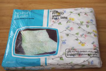 catalog photo of 70s vintage bedding, sealed pkg full fitted bed sheet, girly floral print poly cotton fabric
