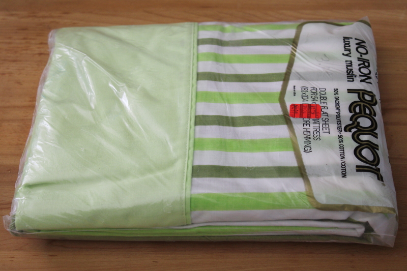photo of 70s vintage bedding, sealed pkg full flat bed sheet, retro lime green striped poly cotton fabric #1