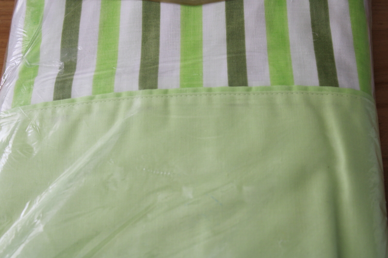 photo of 70s vintage bedding, sealed pkg full flat bed sheet, retro lime green striped poly cotton fabric #2