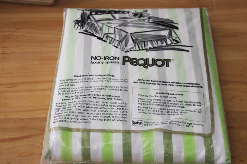 photo of 70s vintage bedding, sealed pkg full flat bed sheet, retro lime green striped poly cotton fabric #3