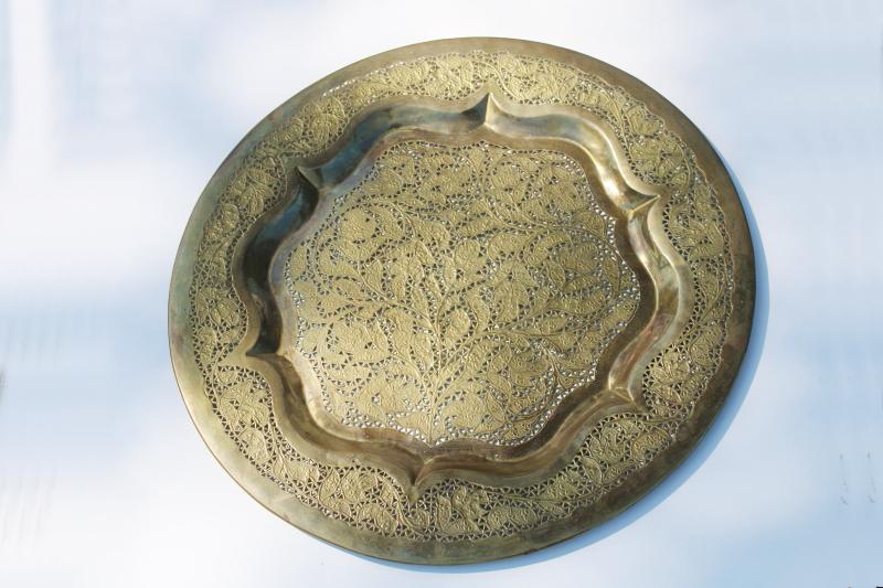 photo of 70s vintage boho decor, big round brass wall hanging tray w/ paisley lace texture #1